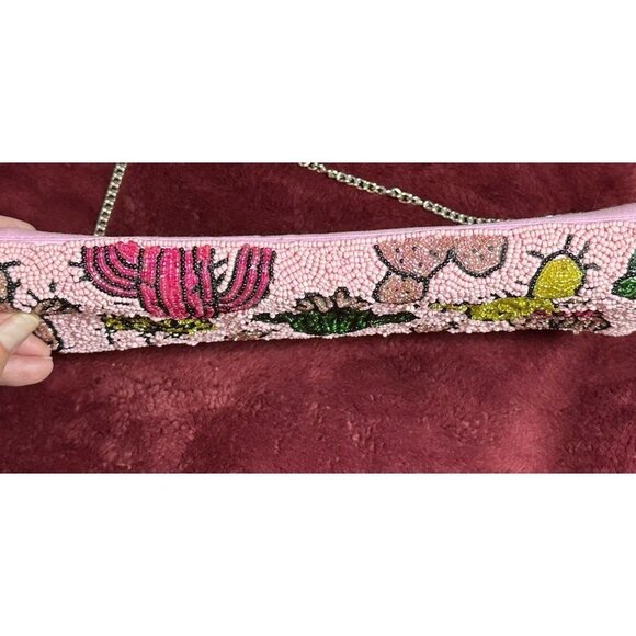 Pink HAND BEADED Club Bag Clutch Desert Cactus Snap Close With Chain Strap Purse - Picture 7 of 9